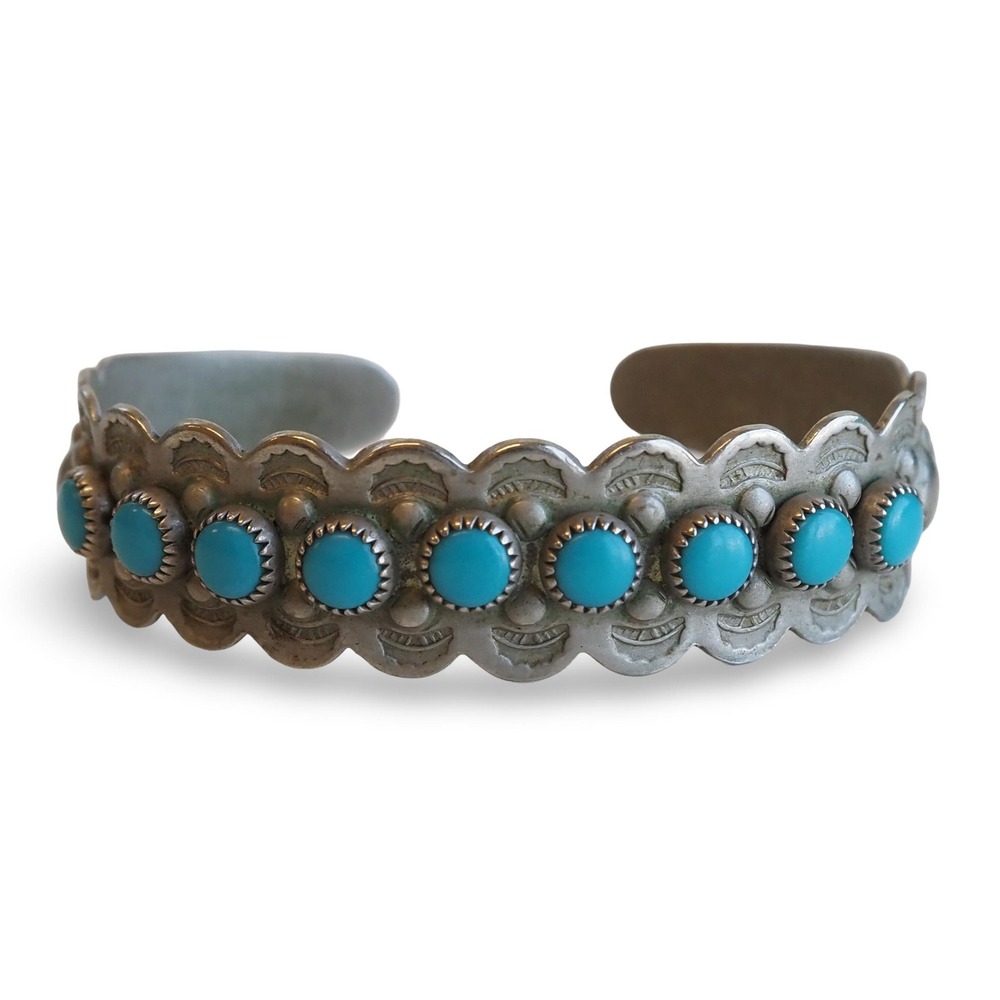 Vintage Mid Century Coin Silver Turquoise Cuff Bracelet Southwestern Tourist Era
